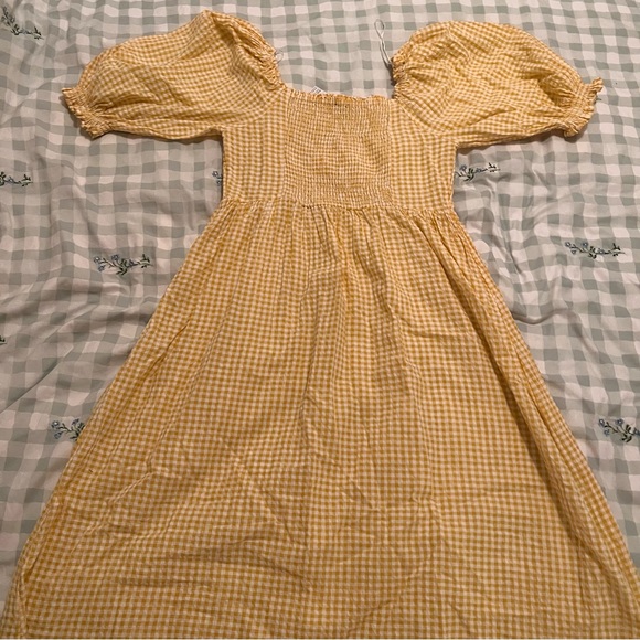 NEW Yellow Gingham Shirred Midi Dress - Picture 5 of 5